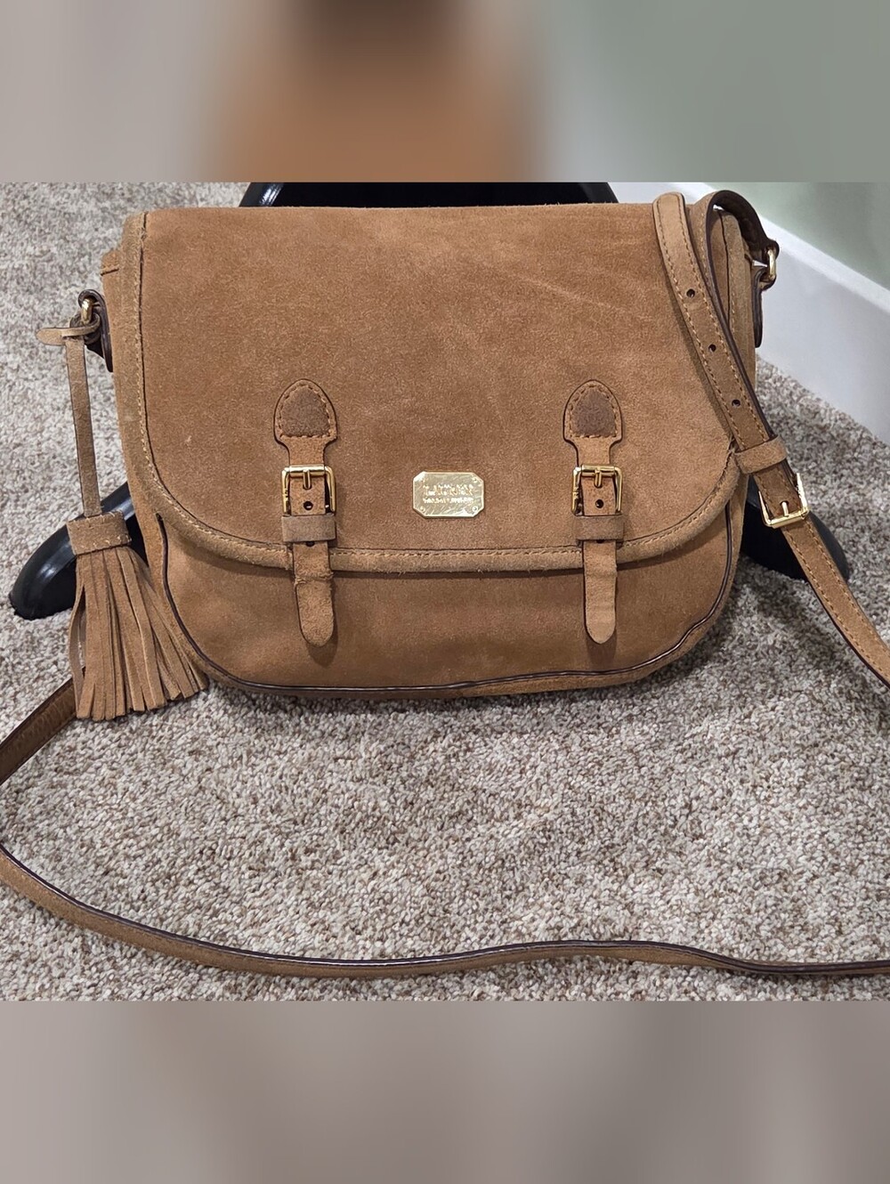 Lauren Ralph Lauren Suede Leather Saddle Crossbody Bag Brown Tassel